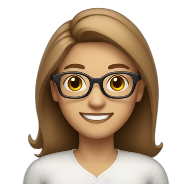 white whoman brown hair with rounded glasses with a big smile sticker