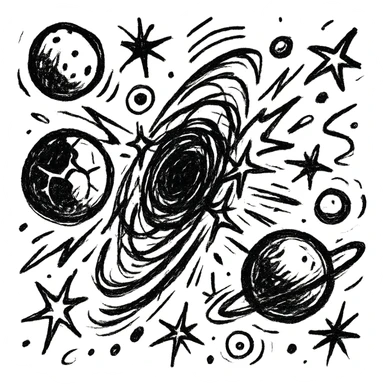map of dark back ward -“A dark cosmic region orbiting a massive black hole. No sunlight. A dead solar system with twisted planets and moons circling in silence. Monde Noir looms in the foreground — a cracked, obsidian planet with no atmosphere. Its moon, Oblieth, floats nearby, scarred and pitted, with faint green lights glowing from within cave openings. Stars are distorted and streaked by gravitational lensing. The entire scene is heavy, quiet, and surreal.” sticker