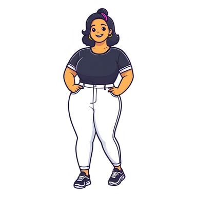 cartoon sticker of a smiling, curvy girl with hands on hips, bright outfit, energetic vibe sticker