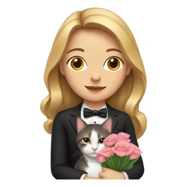 woman with long dark blonde hair holding a tuxedo cat and flowers sticker
