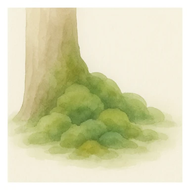 moss on a tree base, watercolor illustration, gentle brushstrokes, natural greens and browns sticker
