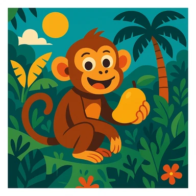 a monkey in the Philippines holding a mango in a lush jungle setting sticker