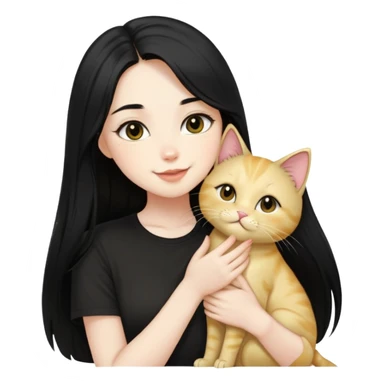 pale girl  with dark eyes and long black hair wearing black shirt kissing light gold cat holding smiling  sticker