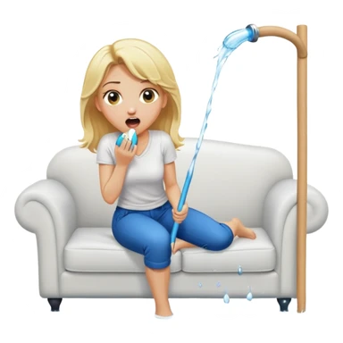 simple blond woman kneeling, surprised, big cartoon stick with D-shaped knob emerging from hanging pants, water splash into her mouth, white sofa in the background sticker