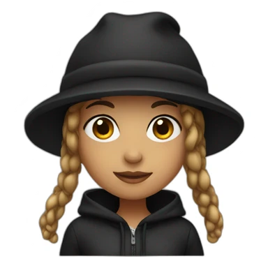 A girl with black hoodie and hat sticker