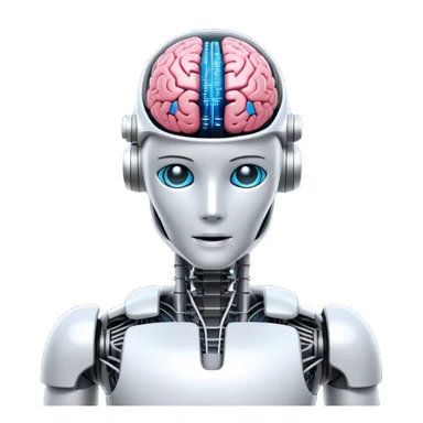 An icon featuring a humanoid robot, a neural network diagram, and a glowing brain, symbolizing artificial intelligence. The design includes binary code, a microchip, and data flow lines, representing machine learning, automation, and innovation. Transparent background sticker