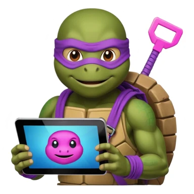Donatello from Teenage Mutant Ninja Turtles, emoji style, with a tablet showing a hacking screen and a tech accessory, with a pink hacking interface on the screen sticker