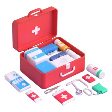 emergency first aid kit box open with medical supplies sticker