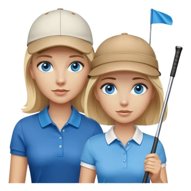 Blonde woman with blue eyes wearing hat playing golf with white man with brown hair wearing blue polo sticker