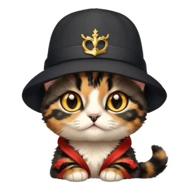 Cute black tortoiseshell kitten wearing a british hat, golden eyes sticker