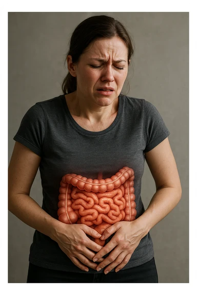 donna in piedi che si tiene la pancia con intestino umano anatomico e mal di pancia, iperrealistica 4k sticker