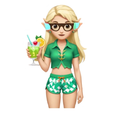 elf female legolas portrait, patterned board shorts (geometric/abstract), unique wooden-framed sunglasses, undercut hairstyle, slight smirk, visible pointy ears, no background, centered emoji, hipster summer vibe coctails sticker