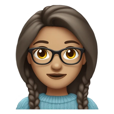 woman, white light skin, long straight dark brown hair, light blue eyes, dark red sweater, glasses, sticker