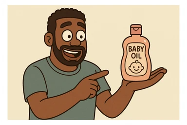 A Black man presenting baby oil, cartoon style, casual clothing, soft colors, inviting atmosphere sticker