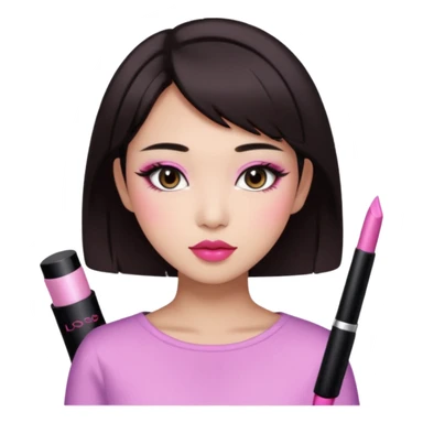 asian girl with short dark brown hair and dark brown eyes with a soft girl pink glowup aesthetic sticker