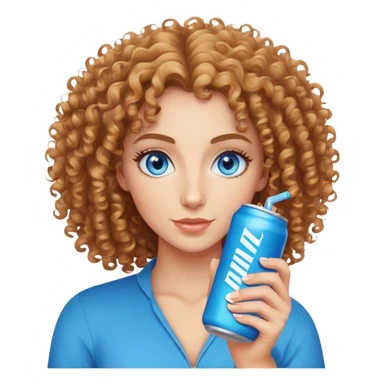 Curly haired, Blue eyed woman holding an alani energy drink can sticker