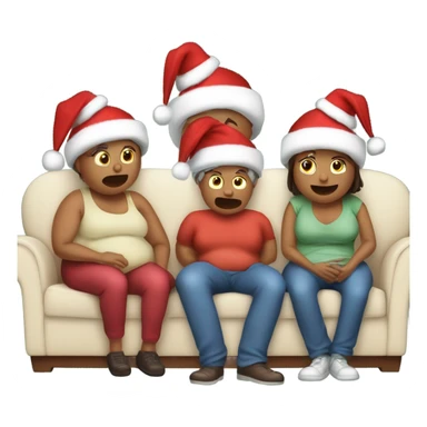 Family sitting on couch wearing Christmas hats and one person burping sleeping with fat belly’s after eating too much turkey sticker