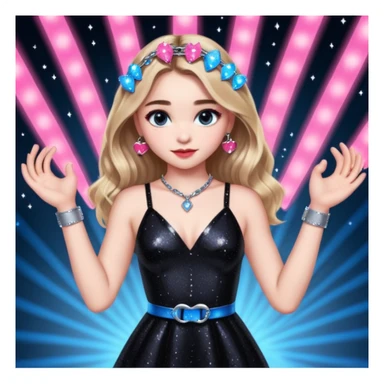 Sabrina carpenter at concert wearing a black sparkly dress with a silver sparkle v neck. she is holding up pink handcuffs. facing audience, blue and red lights setting  sticker