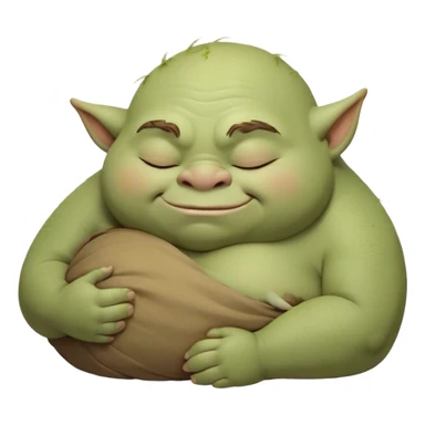Meme-Worthy Cute Sleeping Ogre Portrait Emoji, with a surprisingly endearing, plump figure in soft earthy greens and browns, head drooping gently with closed, relaxed eyes and a content, sleepy grin, simplified yet adorably detailed, glowing with a soft warm outline that captures the peaceful slumber of a friendly ogre after a day of gentle mischief! sticker