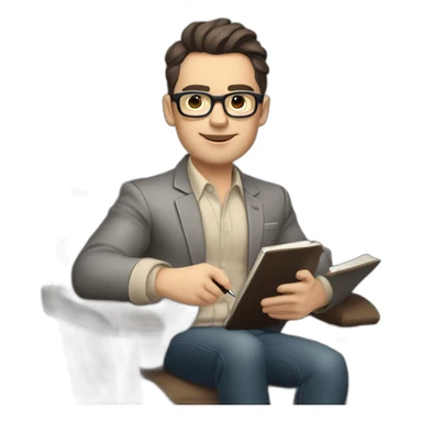 Pale skinned Fit Man With dark brown hair in gray jacket, beige office shirt and vintage glasses sitting In a soft chair with a notebook with emblem Ψ and a pen in his hands sticker