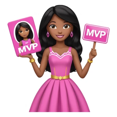 Black barbie, long black  hair, pink dress holding mvp sign  sticker