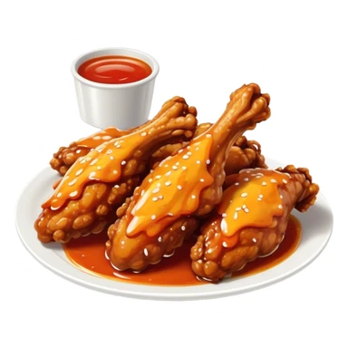 Cinematic crispy chicken wings, golden-brown and glazed with spicy sauce, crunchy coating, juicy inside, piled high with dipping sauce on the side, ultra-realistic and mouthwatering, inviting and bold. sticker