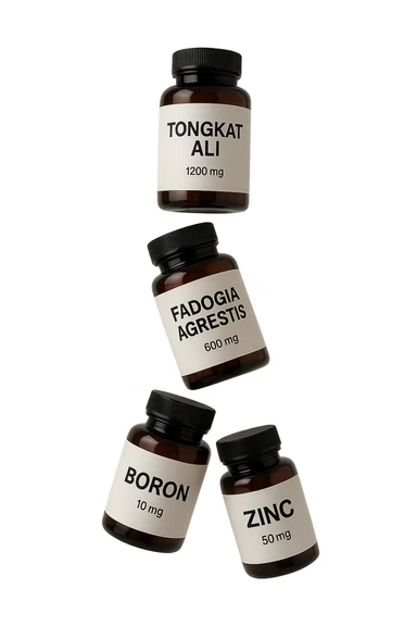 4 boccette di integratore: Tongkat Ali, Fadogia Agrestis, Boron e Zinco fluttuano in aria verticalmente sticker