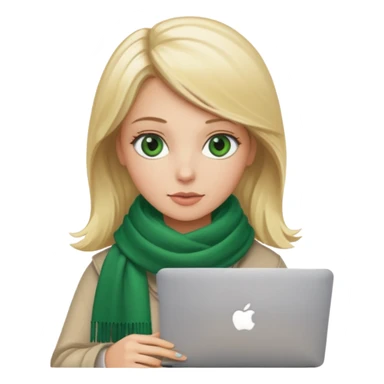blond women skine , with green eyes , with scarf . with macbook sticker