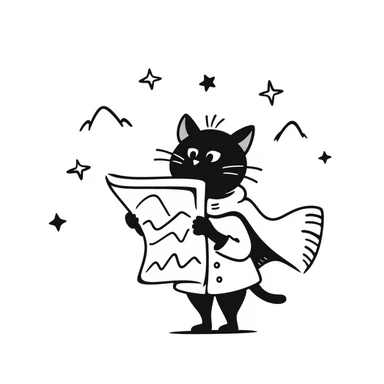Adventurous cat explorer studying a map, mountains and stars in background, light clothing and cloak flowing in the wind, looking thoughtfully into the distance sticker