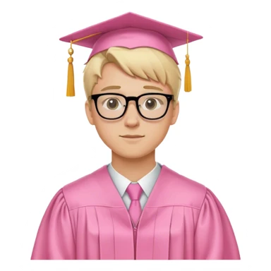 A blonde-haired young white man, wearing glasses, in the middle of his graduation with a pink theme sticker