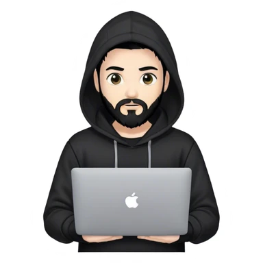 hackeur blanc cheveux noir barbe et capuche noir avec un macbook sticker