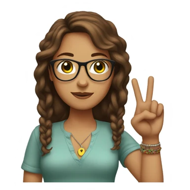 A white women with brown hair emoji with glasses, green eyes and doing the peace sign with bracelets around her wrists sticker