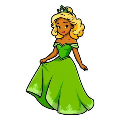Disney Princess Tiana with super long blonde curly hair, green princess dress sticker