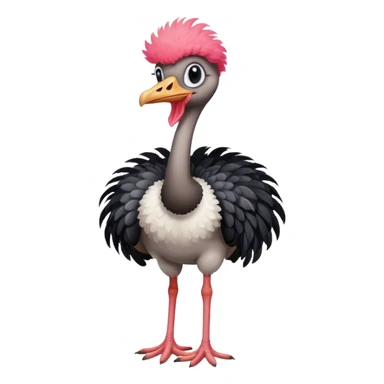 An ostrich with black and white feathers on the body, tufty head feathers, pinkish-red neck, and red legs. sticker
