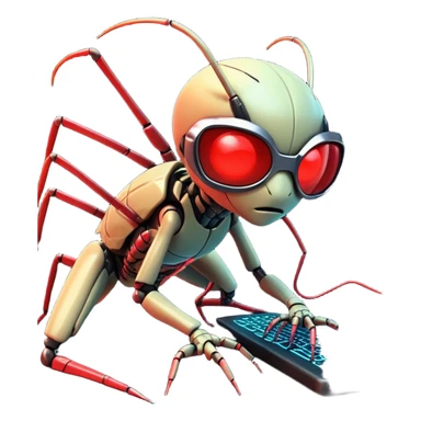 A tiny, mischievous cyber bug with glowing red eyes crawling across tangled neon code lines on a futuristic black terminal screen, holding a broken line of code in its pincers. The bug wears glitchy sunglasses and leaves behind pixelated error symbols (like ⚠️ and ❌) as footprints. Background filled with digital sparks and warning pop-ups hovering mid-air. Cartoon emoji style, vibrant and playful yet chaotic sticker