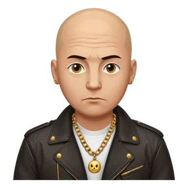 Bald Russian 1990s gangster emoji, leather jacket, gold chain, serious face sticker
