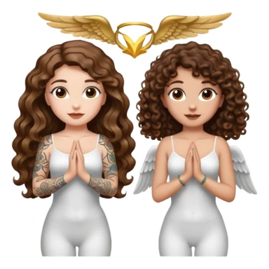 fake angel pose — long wavy brown hair tattooed woman and short tight curly brown hair woman — halo sparkle sticker