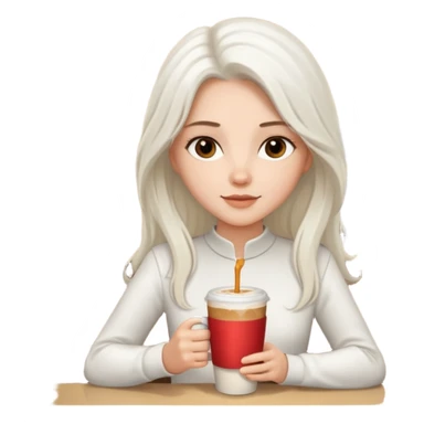 white long haired brunette with brown eyes and a white outfit, drinking a caramel machiatto sticker