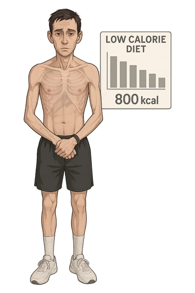 a lean man stands in a clinical setting, with a semi-transparent overlay showing reduced muscle mass and minimal fat stores. His expression is slightly fatigued, and a digital chart beside him displays a low daily calorie intake. The background is clean and modern, emphasizing the effects of a low-calorie diet. sticker