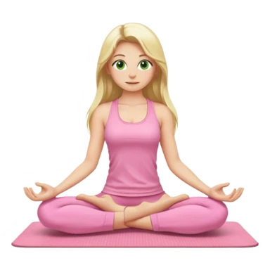 yoga girl with blonde long hair, green eyes, light pink clothes, sitting on a yoga mat with hands on knees, emoji style sticker