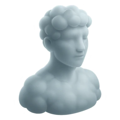 person looking straight, fully made of white fluffy convex clouds, shoulder up, matte glass style sticker