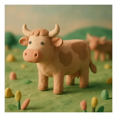 claymation style cattle standing in a field, visible fingerprints, pastel palette sticker