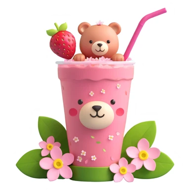 A pink strawberry drink cup with a straw, labeled "Strawbeary". The cup is adorned with cherry blossom flowers and has a cute bear peeking out from behind it. There are also strawberries with green leaves and scattered pink flower petals around the cup. sticker