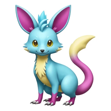 Shiny smooth silky soft Cyan-Yellowish-Magenta Minccino-Zeraora-Emolga-Vernid-Sergal-fusion-hybrid-animal-creature, full body sticker