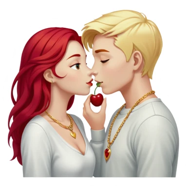couple kissing, girl with long cherry red hair and blonde eyebrows, gold A necklace, light clothes, and boy with PURE WHITE SHORT HAIR (completely white like paper, not blonde, not gray) sticker