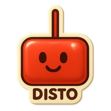 Transform the red block with a vertical line into a playful emoji called 'Disto'. Keep the bold red color and geometric simplicity. Add a friendly face and subtle details to give it character, while maintaining a minimal, iconic look in retro stickers style. sticker