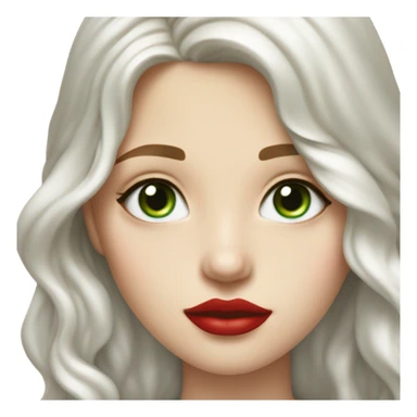 long wavy hair, tomato red lipstick, blue-green bright eyes, white skin and a very small sharp nose sticker