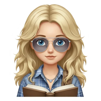 girl with long blond messy hair wearing grey plaid shirt with blue eyes and aviator sunglasses wearing a ring on her silver necklace, holding law books sticker