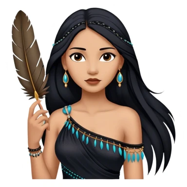 Cinematic Realistic Pocahontas Portrait, depicted with lifelike skin texture, soft natural lighting, and intricately detailed long, flowing raven-black hair that moves gracefully in the wind. Her deep, soulful dark brown eyes exude wisdom and strength, complemented by a serene yet powerful expression. She is shown gently holding a feather in one hand, her other hand resting lightly at her side, embodying the harmonious balance between nature and herself. She is dressed in her classic one-shoulder native American dress, with rich fabric textures and delicate beaded details that catch the light beautifully. The portrait features a soft, sun-kissed glow with a natural, radiant finish, capturing the essence of untamed beauty and deep connection to nature in a realistic and painterly style, evoking a sense of depth and authenticity. sticker