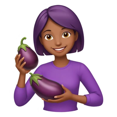 a dark medium brown woman holding an eggplant and smiling and coddling it  sticker